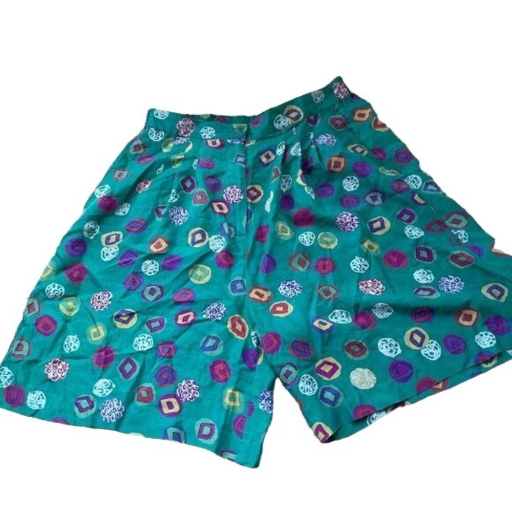 Vintage Silk Bermuda Shorts Turquoise teal Shapes Size Large 28in waist Pockets
